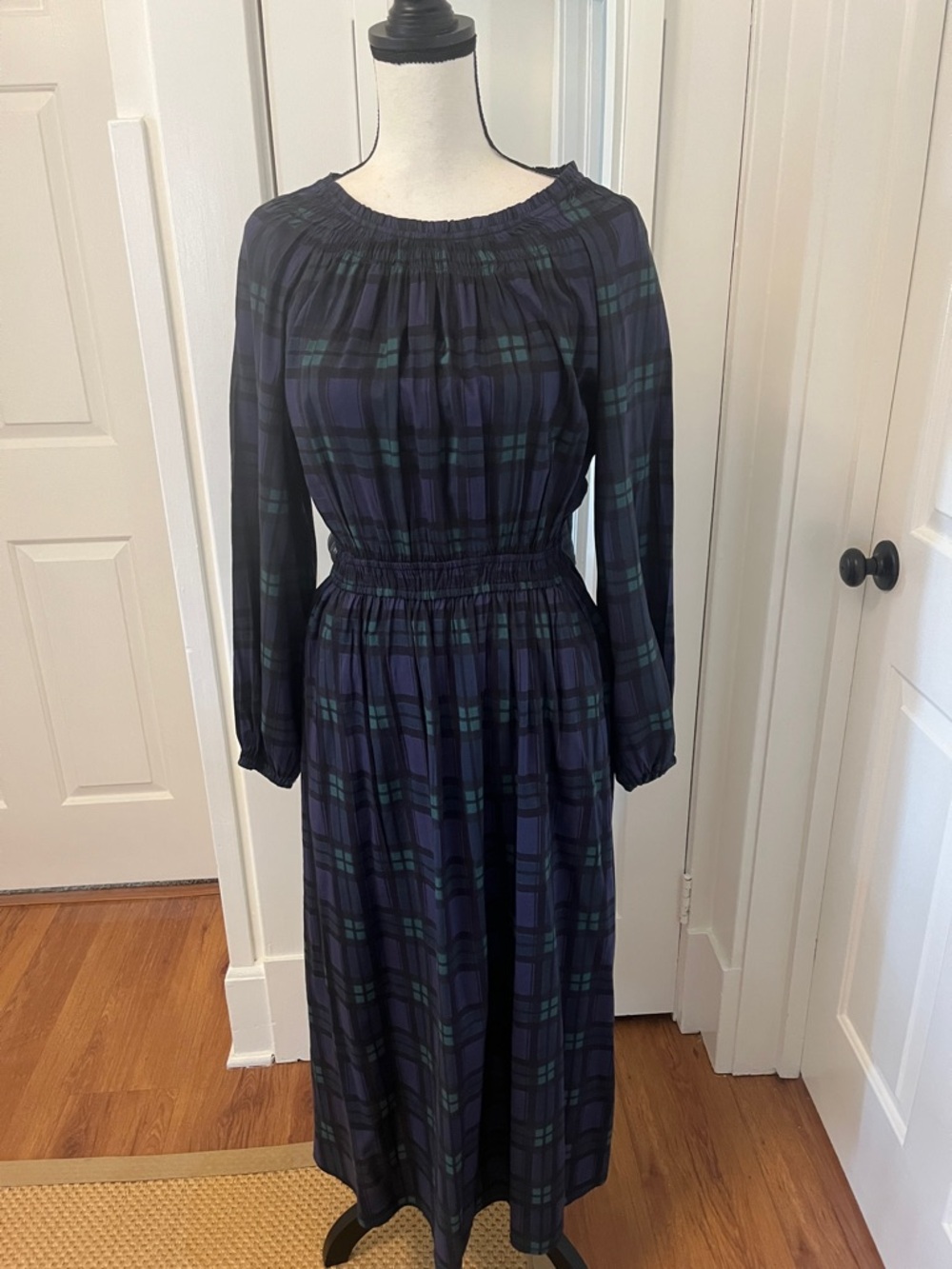 Lucky Brand Navy and Green Plaid Long-Sleeve Midi Dress NWT Sz M